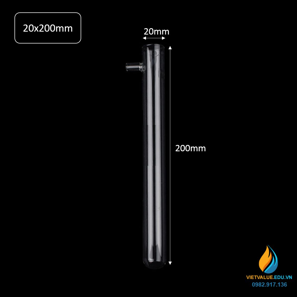 Ống nghiệm thủy tinh có nhánh chiết trên, kích thước đường kính 2cm, dài 20cm