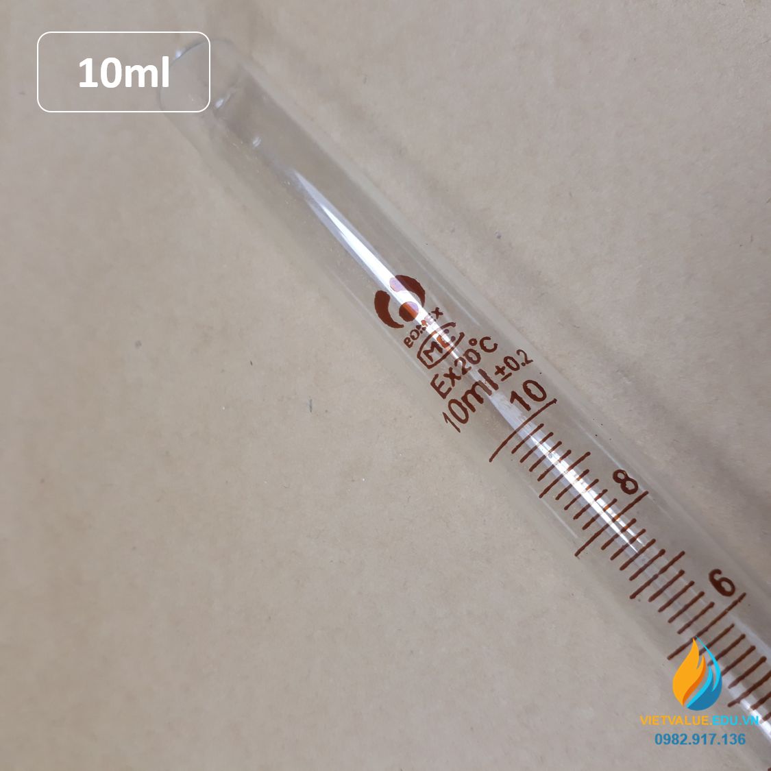 Ống nghiệm thủy tinh 10ml có vạch chia, đáy ống nghiệm tròn, chịu nhiệt độ cao