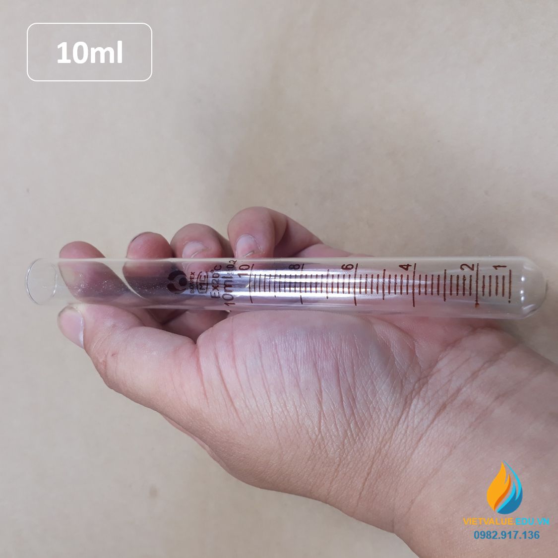 Ống nghiệm thủy tinh 10ml có vạch chia, đáy ống nghiệm tròn, chịu nhiệt độ cao