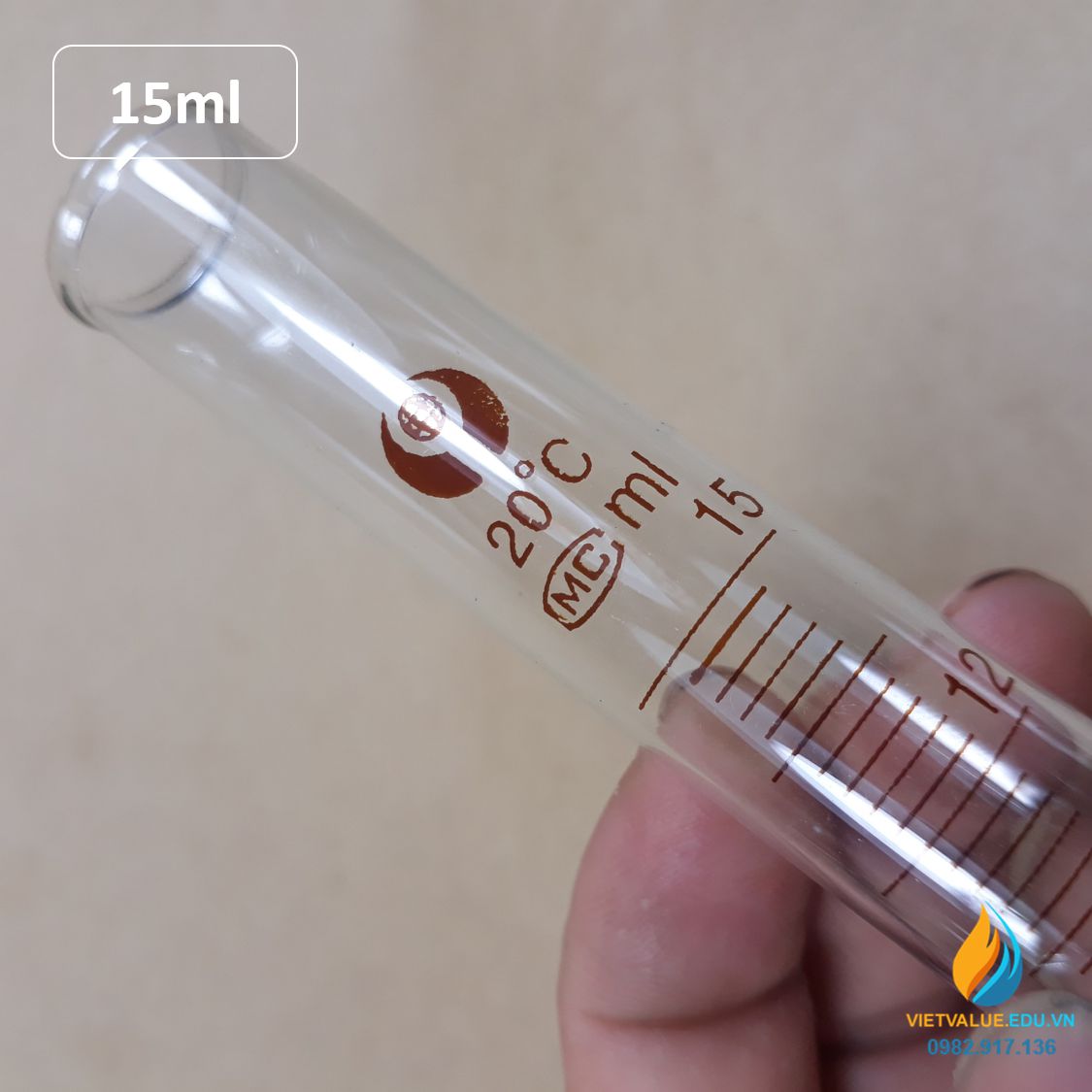 Ống nghiệm thủy tinh 15ml có vạch chia, đáy ống nghiệm tròn, chịu nhiệt độ cao