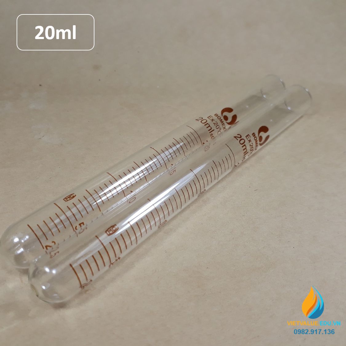 Ống nghiệm thủy tinh 20ml có vạch chia, đáy ống nghiệm tròn, chịu nhiệt độ cao