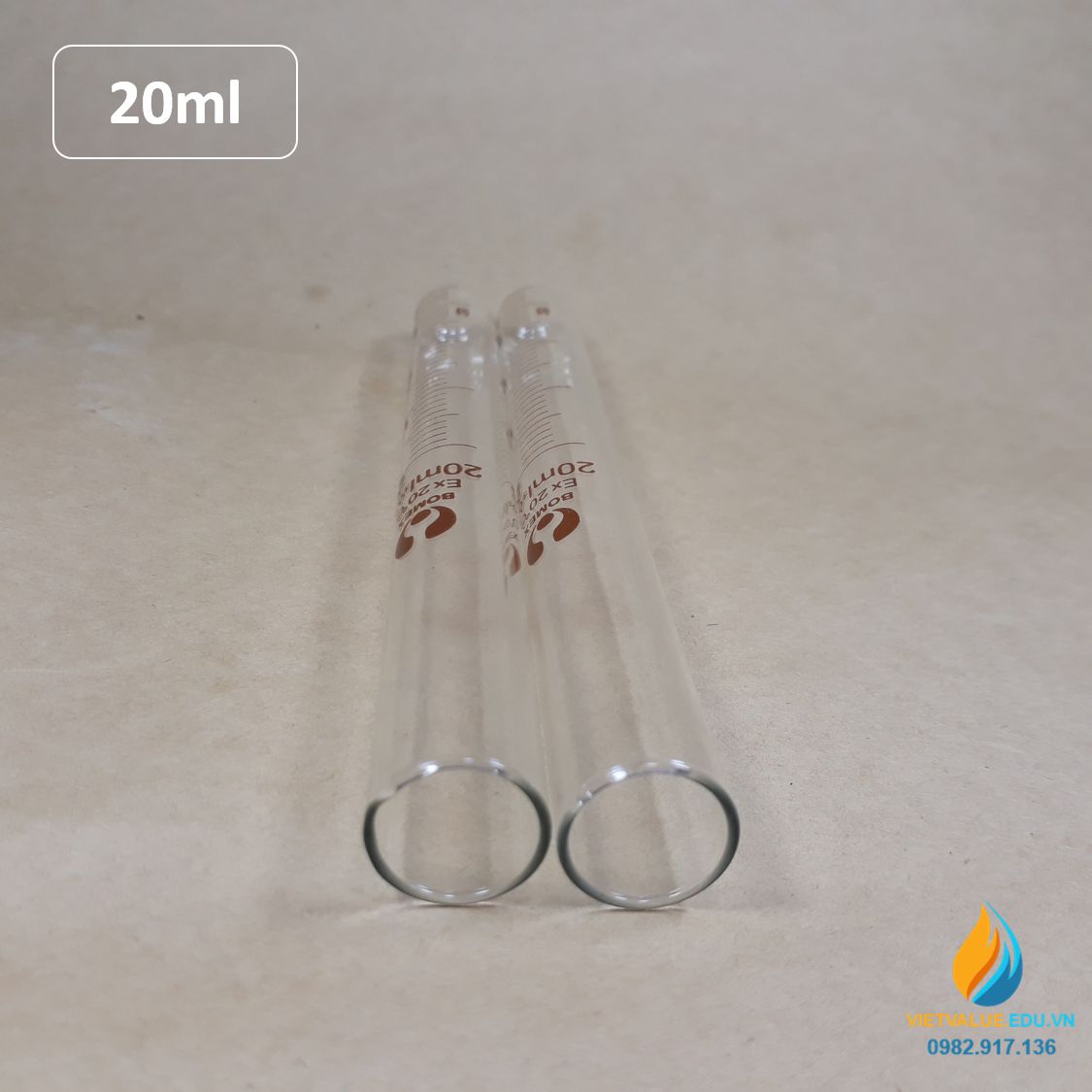 Ống nghiệm thủy tinh 20ml có vạch chia, đáy ống nghiệm tròn, chịu nhiệt độ cao