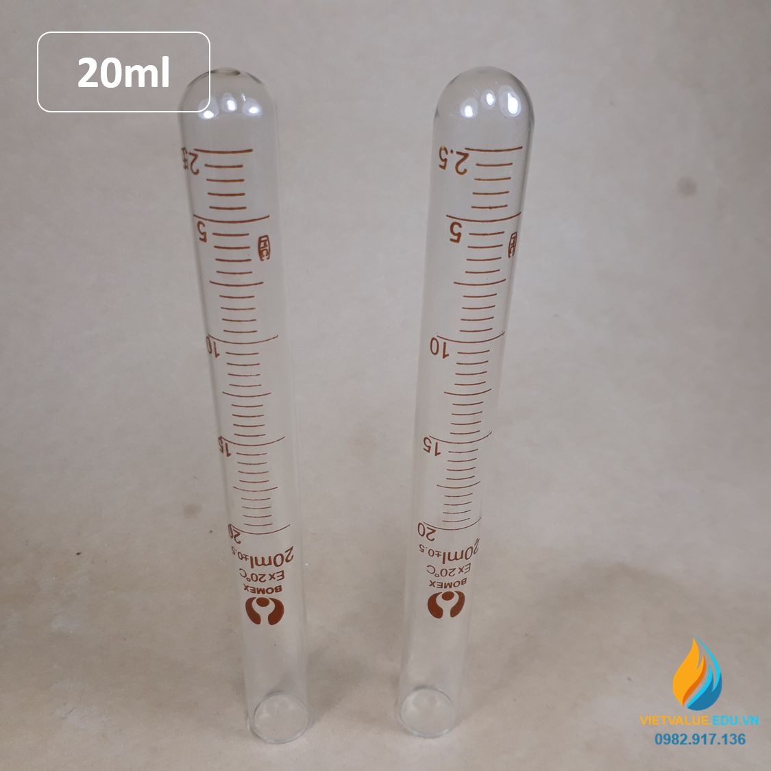 Ống nghiệm thủy tinh 20ml có vạch chia, đáy ống nghiệm tròn, chịu nhiệt độ cao
