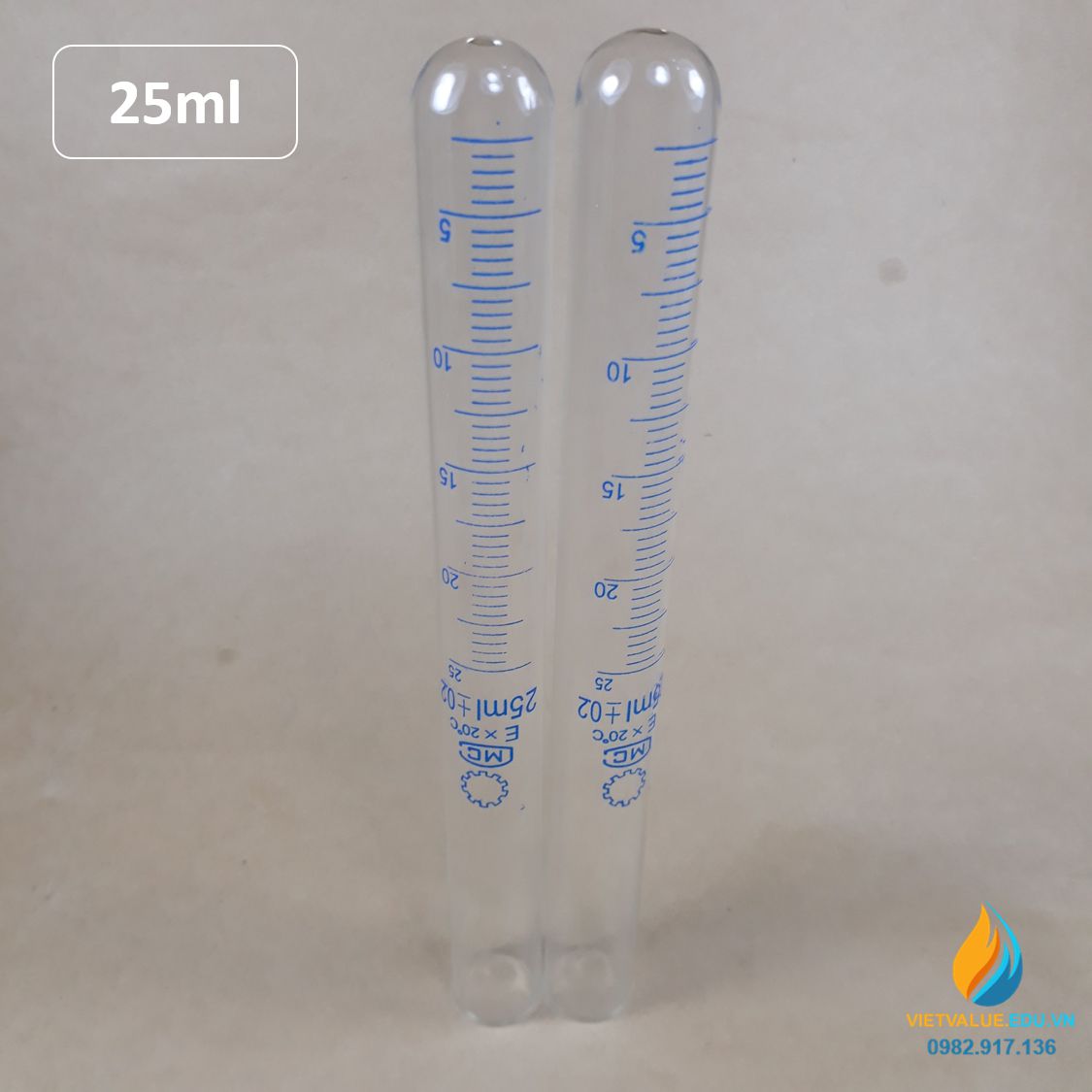Ống nghiệm thủy tinh 25ml có vạch chia, đáy ống nghiệm tròn, chịu nhiệt độ cao