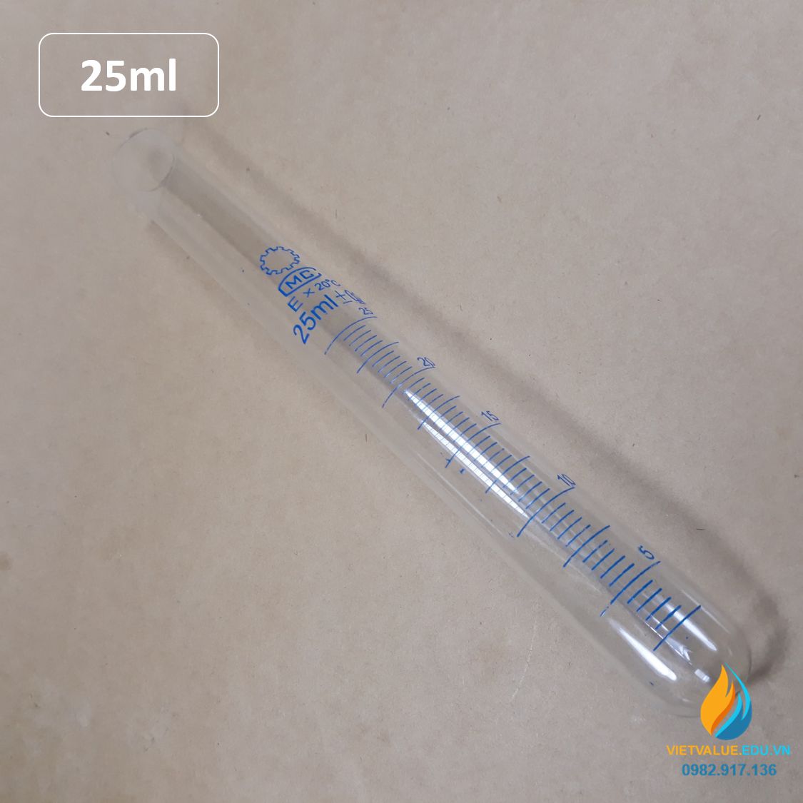 Ống nghiệm thủy tinh 25ml có vạch chia, đáy ống nghiệm tròn, chịu nhiệt độ cao