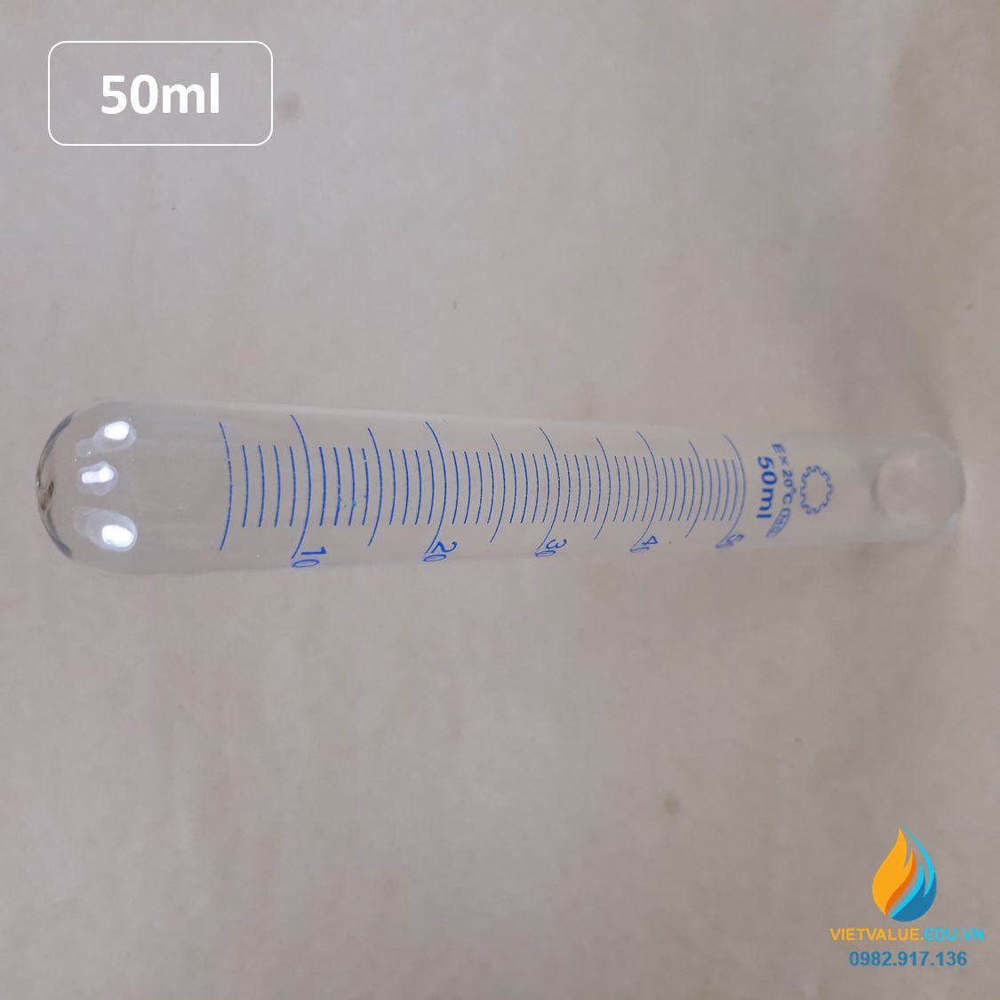 Ống nghiệm thủy tinh 50ml có vạch chia, đáy ống nghiệm tròn, chịu nhiệt độ cao