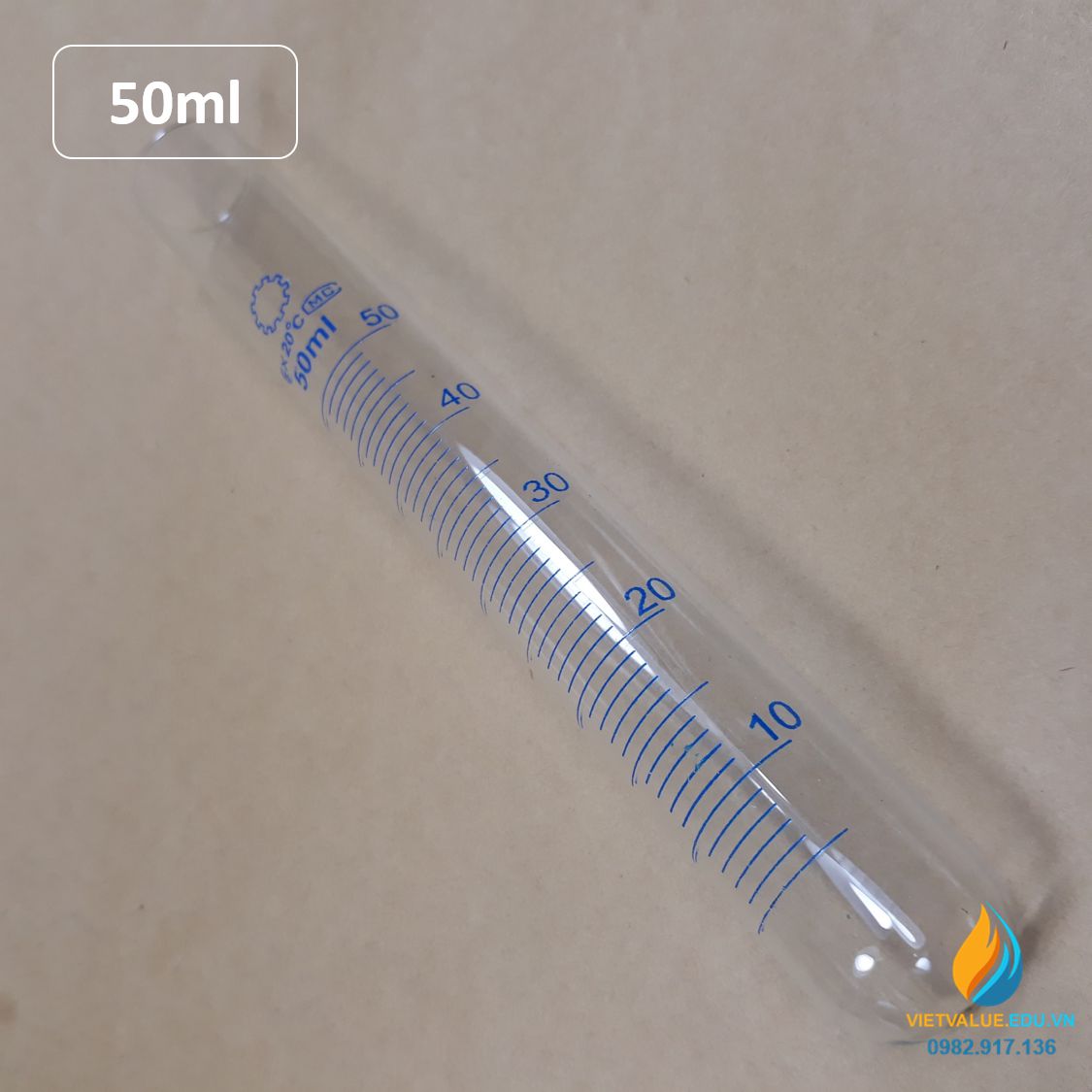 Ống nghiệm thủy tinh 50ml có vạch chia, đáy ống nghiệm tròn, chịu nhiệt độ cao