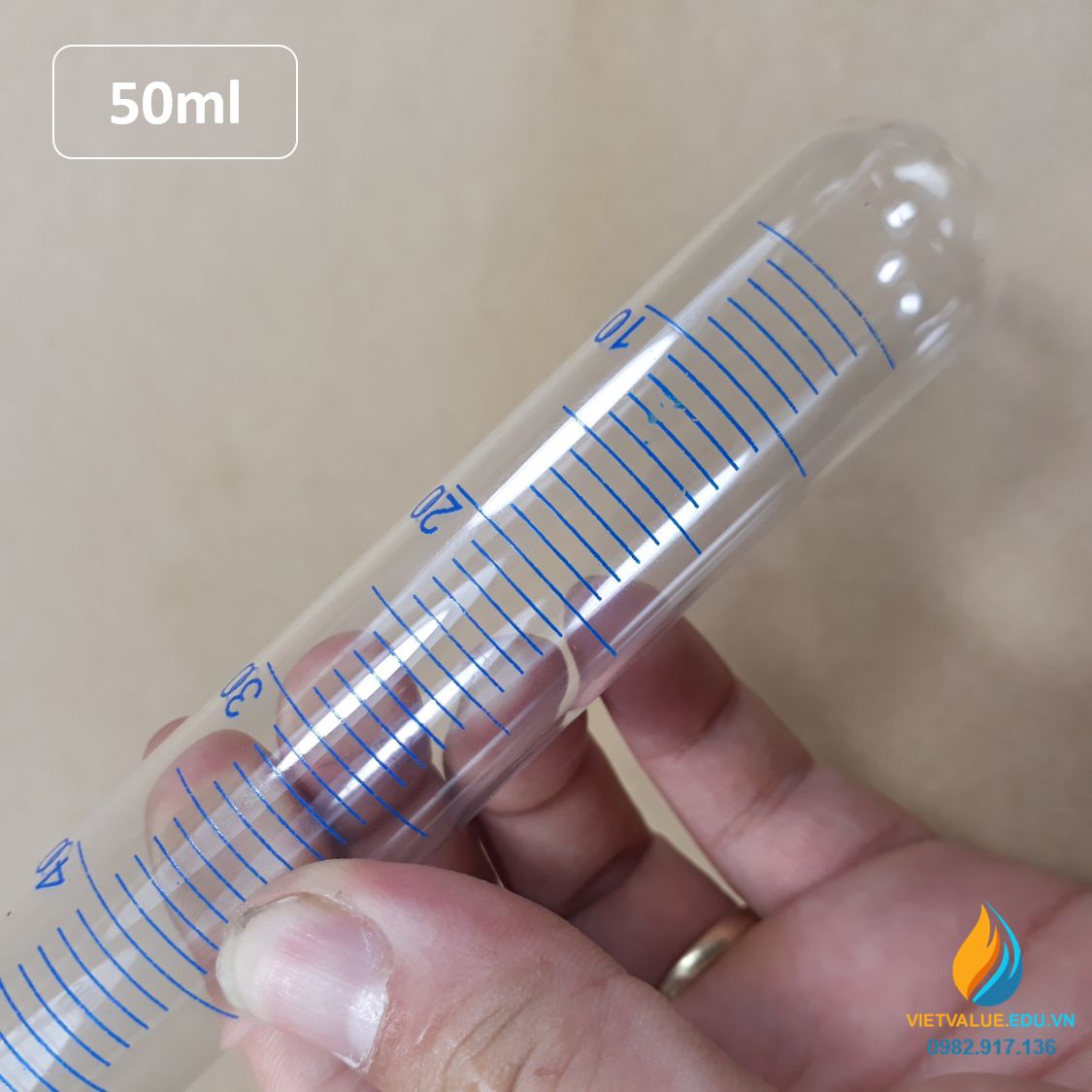 Ống nghiệm thủy tinh 50ml có vạch chia, đáy ống nghiệm tròn, chịu nhiệt độ cao