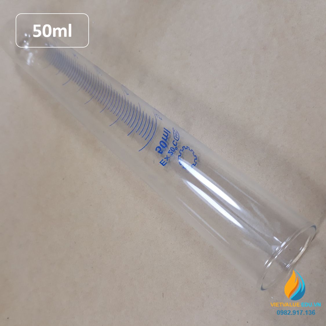 Ống nghiệm thủy tinh 50ml có vạch chia, đáy ống nghiệm tròn, chịu nhiệt độ cao