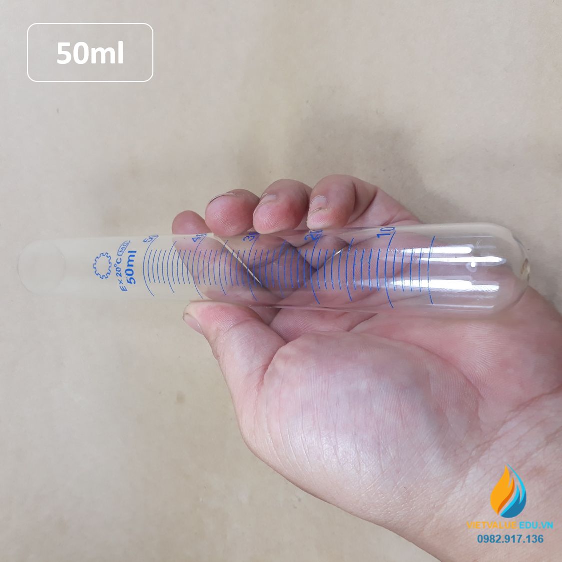 Ống nghiệm thủy tinh 50ml có vạch chia, đáy ống nghiệm tròn, chịu nhiệt độ cao