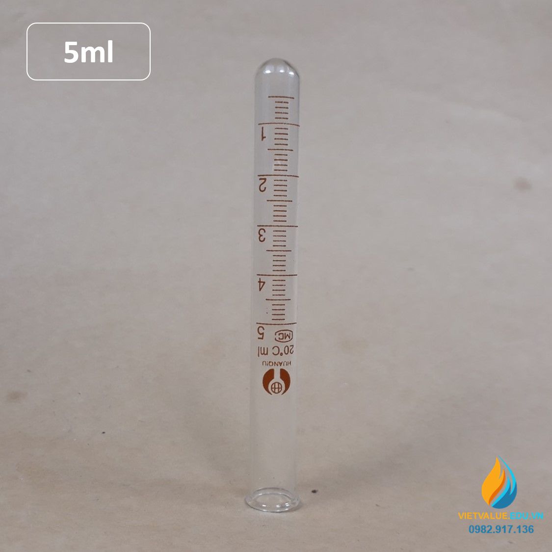 Ống nghiệm thủy tinh 5ml có vạch chia, đáy ống nghiệm tròn, chịu nhiệt độ cao