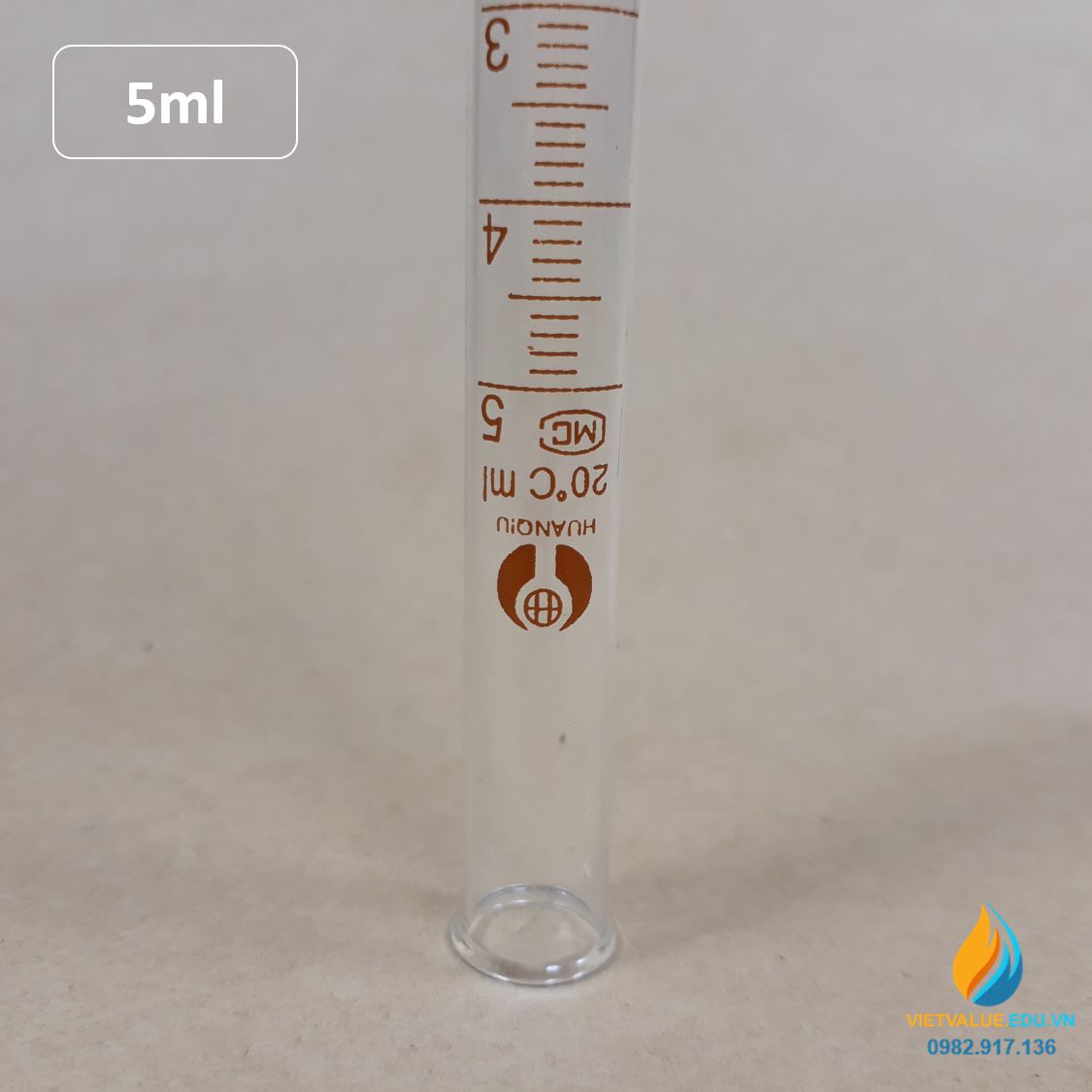 Ống nghiệm thủy tinh 5ml có vạch chia, đáy ống nghiệm tròn, chịu nhiệt độ cao
