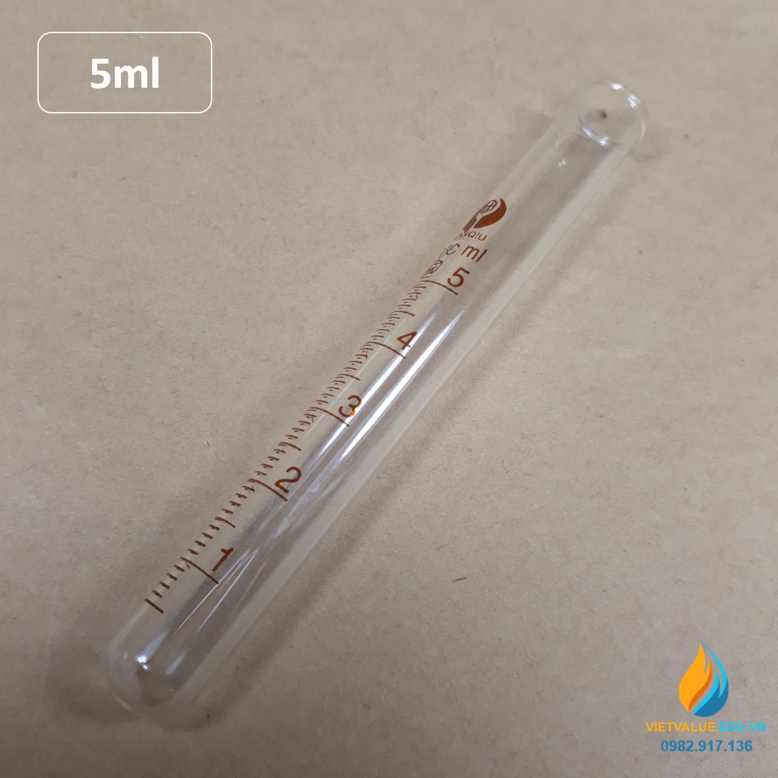 Ống nghiệm thủy tinh 5ml có vạch chia, đáy ống nghiệm tròn, chịu nhiệt độ cao