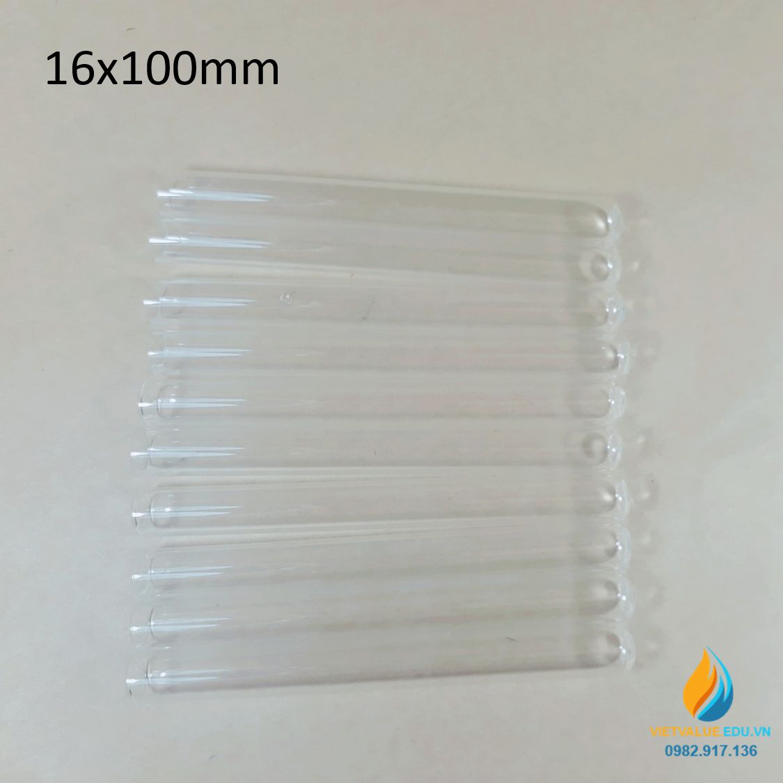 Ống nghiệm thủy tinh, không chia vạch, không nắp, 16x100mm