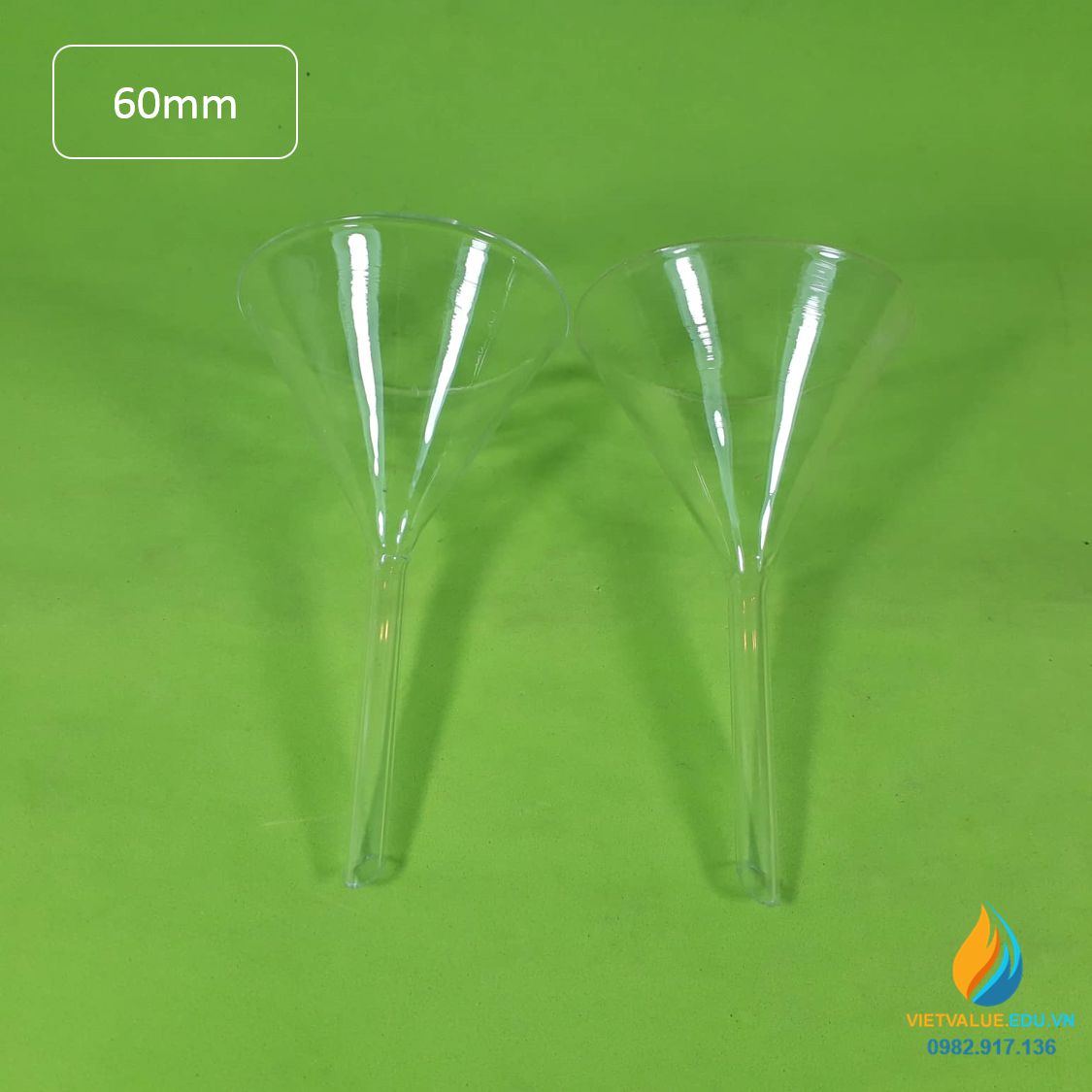 Phễu rót thủy tinh, rót hóa chất, đường kính miệng 60mm, phễu thủy tinh
