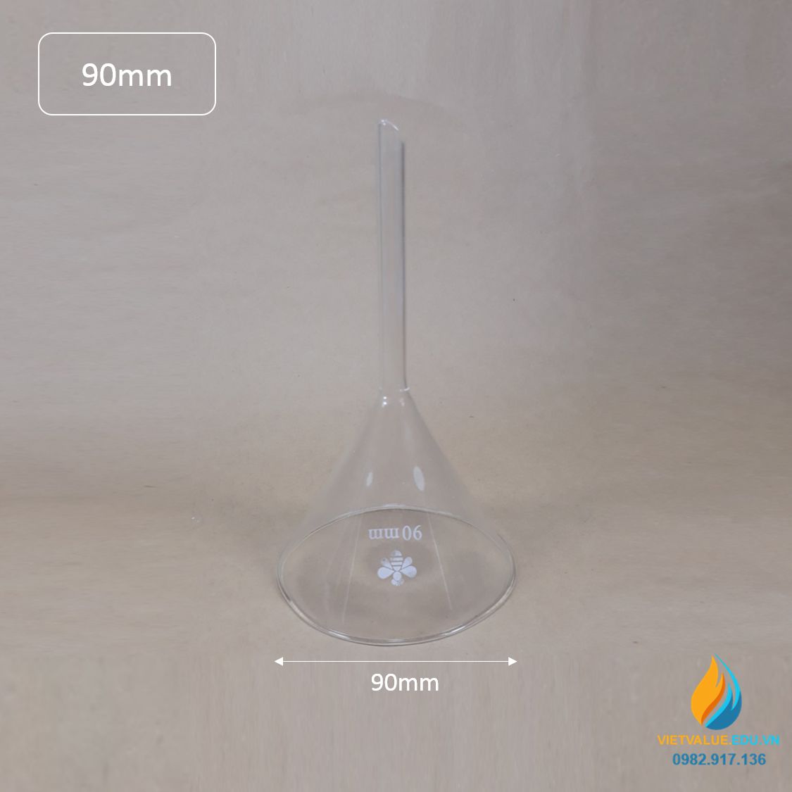 Phễu thủy tinh trong suốt, chịu nhiệt , đường kính phễu 90mm