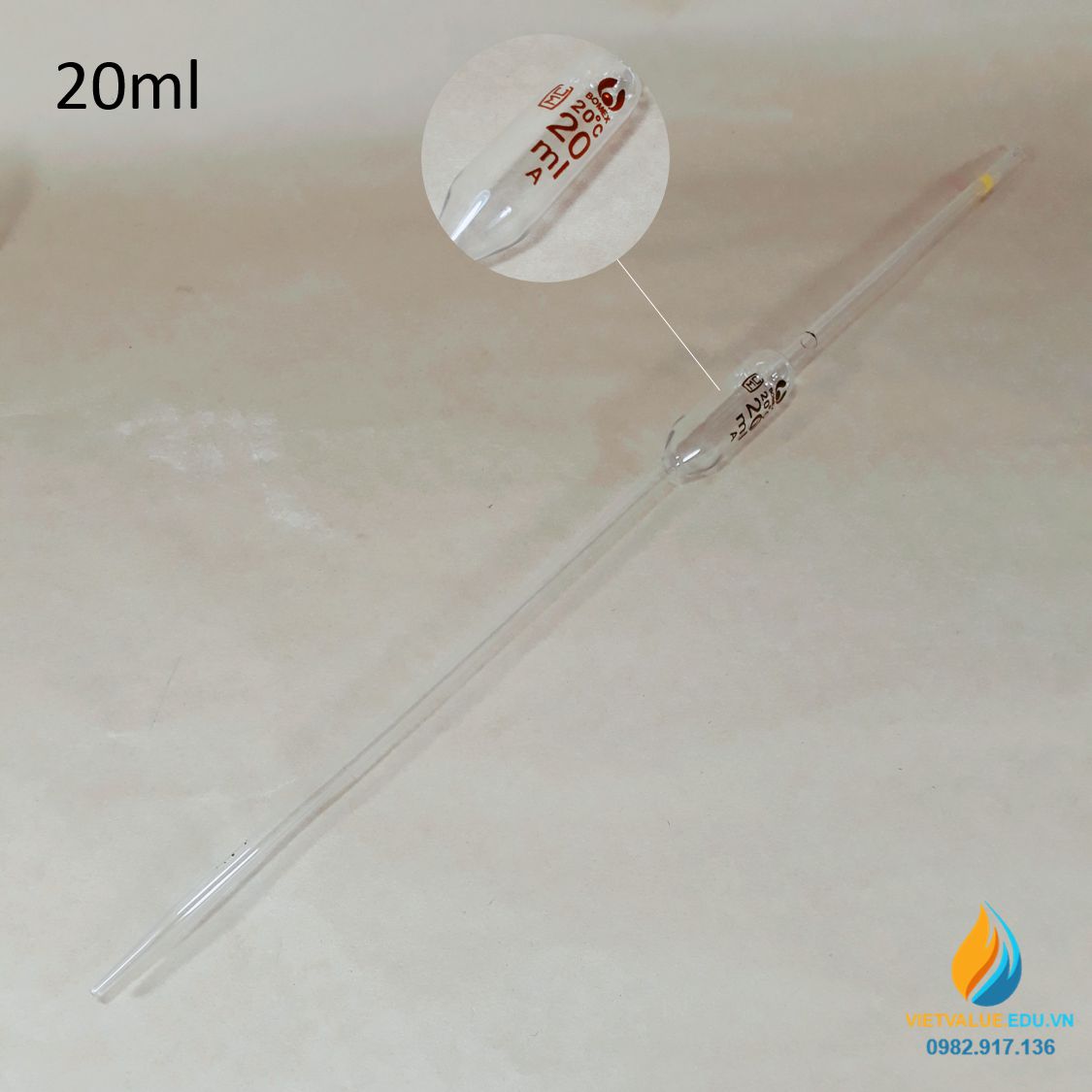 Pipet bầu thủy tinh 20ml, pipet bầu hút định lượng hút chính xác