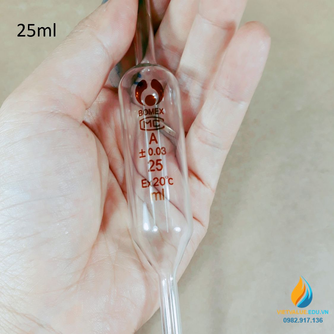 Pipet bầu thủy tinh 25ml, pipet bầu hút định lượng hút chính xác