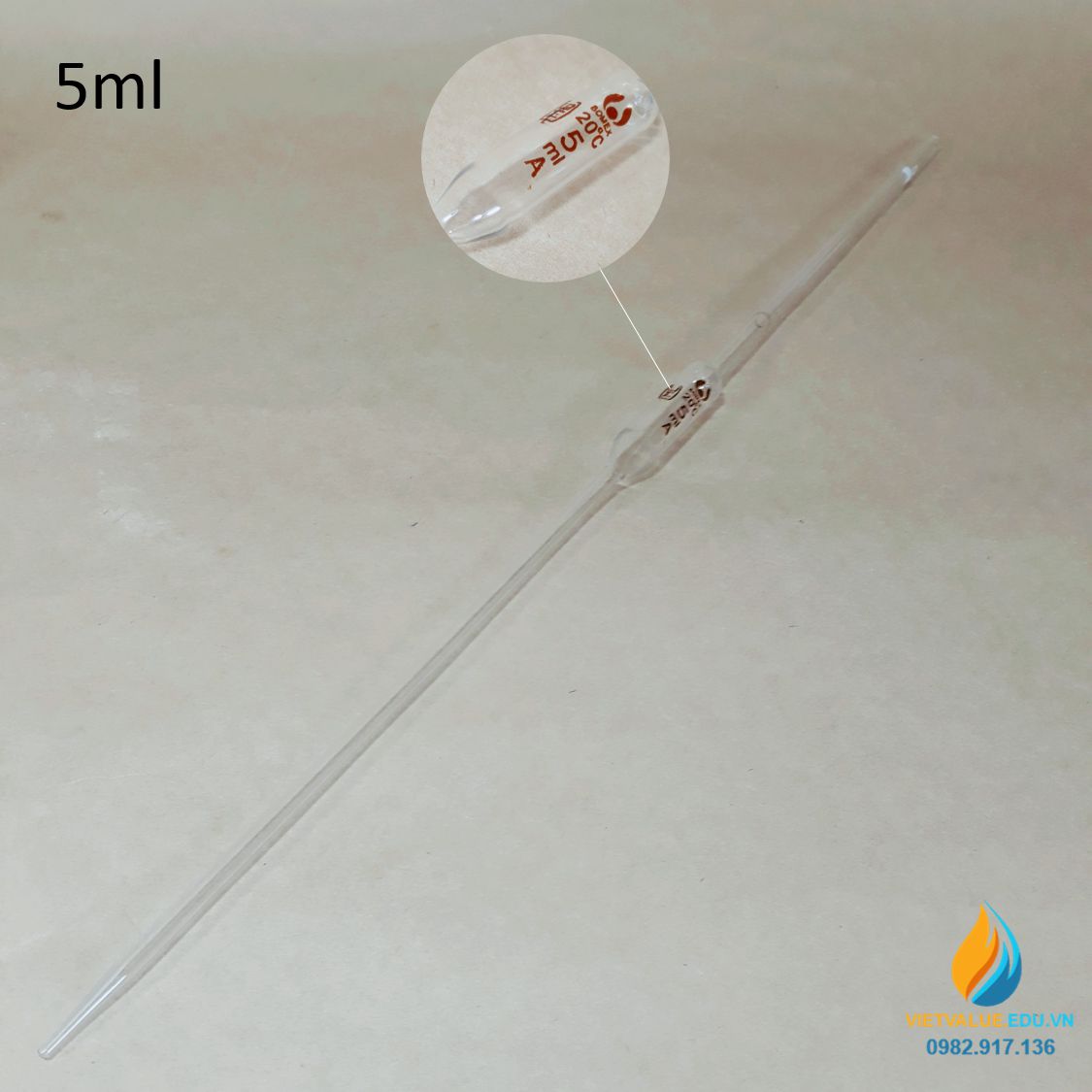 Pipet bầu thủy tinh 5ml, pipet bầu hút định lượng hút chính xác