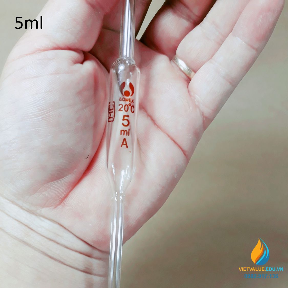 Pipet bầu thủy tinh 5ml, pipet bầu hút định lượng hút chính xác