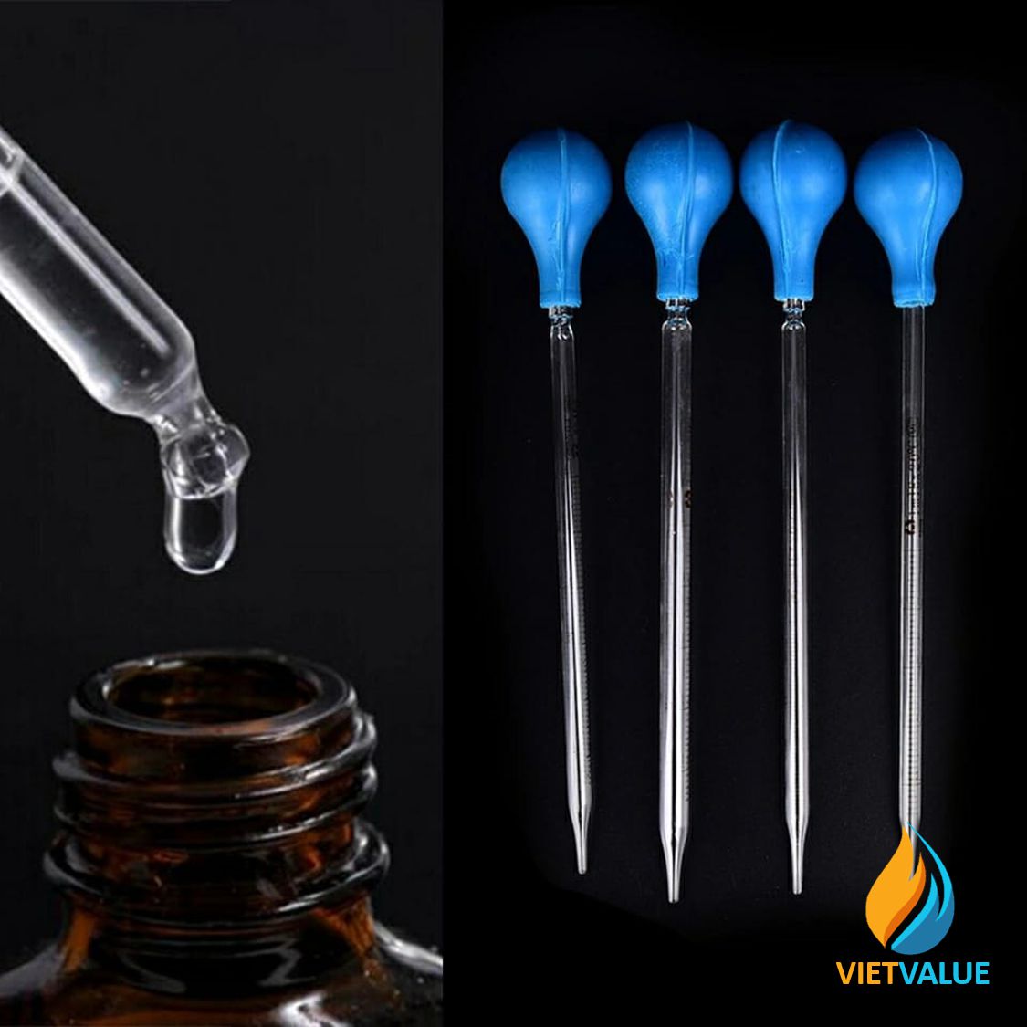 Pipet hút thủy tinh, ống hút chia vạch 10ml, bầu cao su, dài 23cm