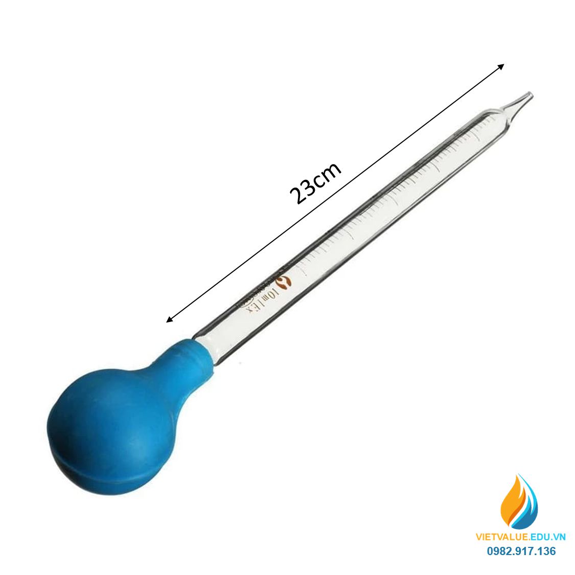 Pipet hút thủy tinh, ống hút chia vạch 10ml, bầu cao su, dài 23cm