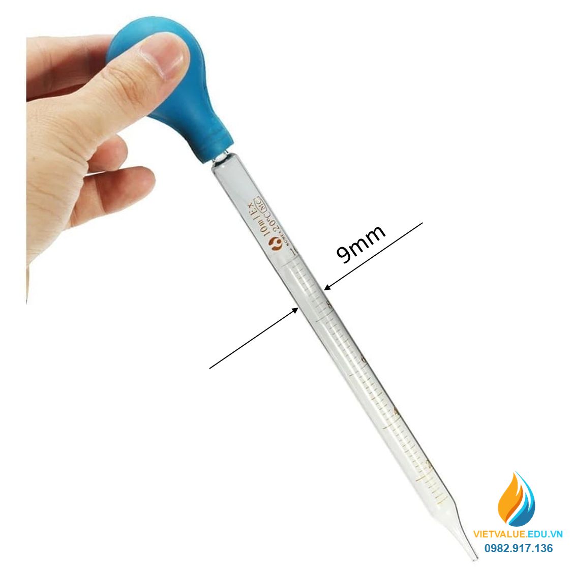 Pipet hút thủy tinh, ống hút chia vạch 10ml, bầu cao su, dài 23cm