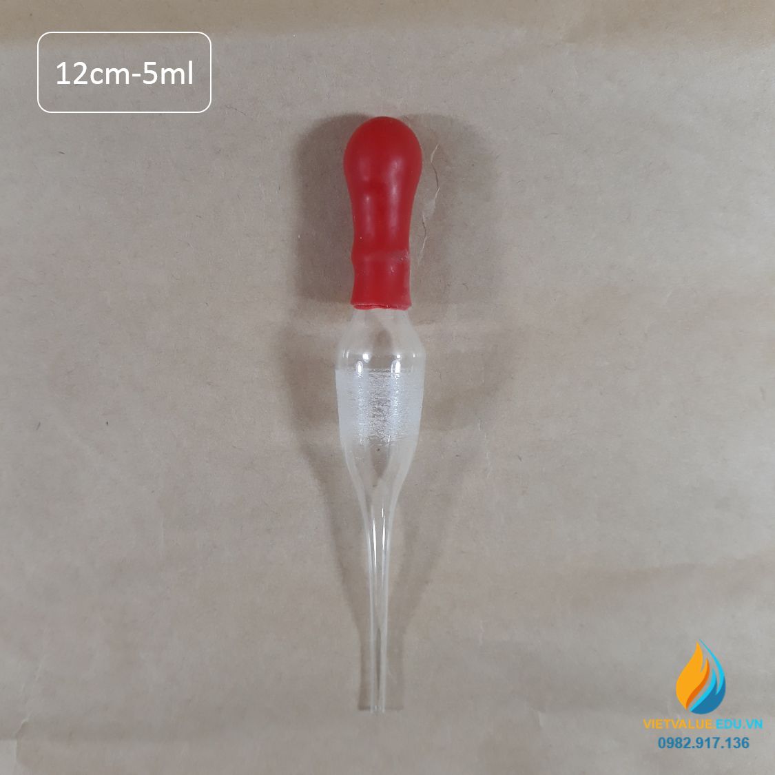 Pipet thủy tinh bầu nhỏ cho chai công tơ hút, núm cao su đỏ, mức hút 3ml