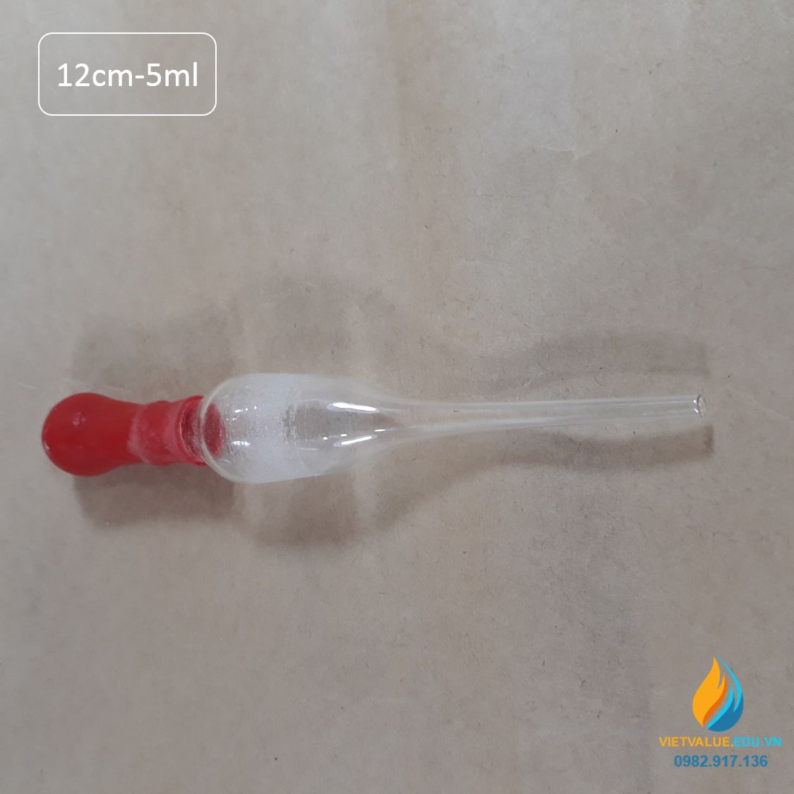 Pipet thủy tinh bầu nhỏ cho chai công tơ hút, núm cao su đỏ, mức hút 3ml