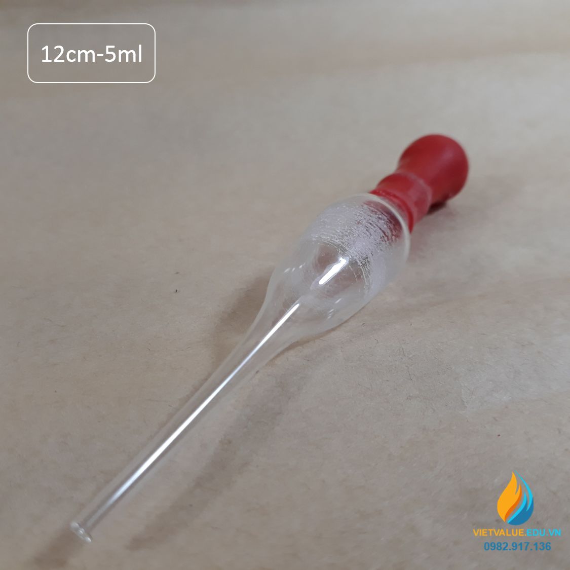 Pipet thủy tinh bầu nhỏ cho chai công tơ hút, núm cao su đỏ, mức hút 3ml