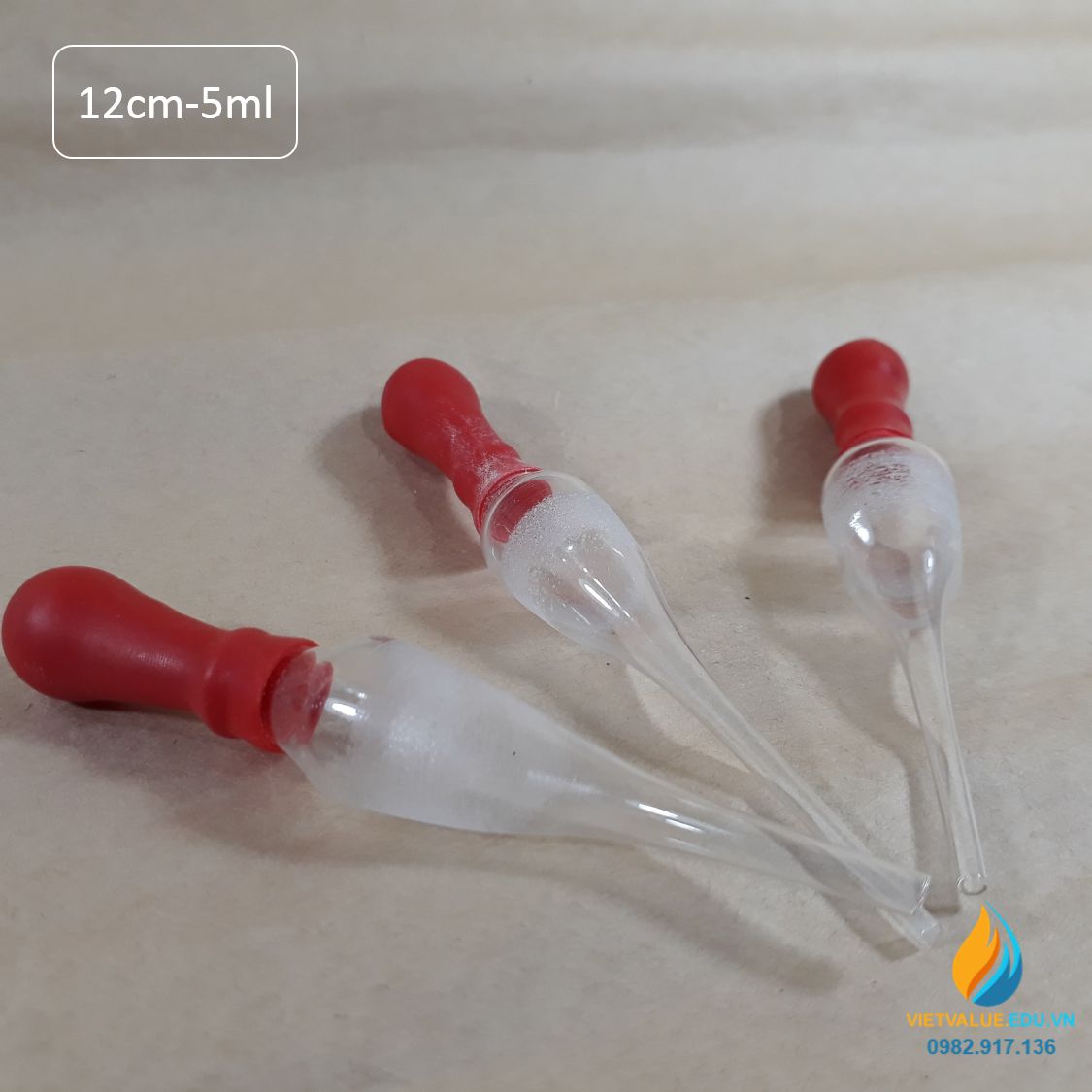 Pipet thủy tinh bầu nhỏ cho chai công tơ hút, núm cao su đỏ, mức hút 3ml