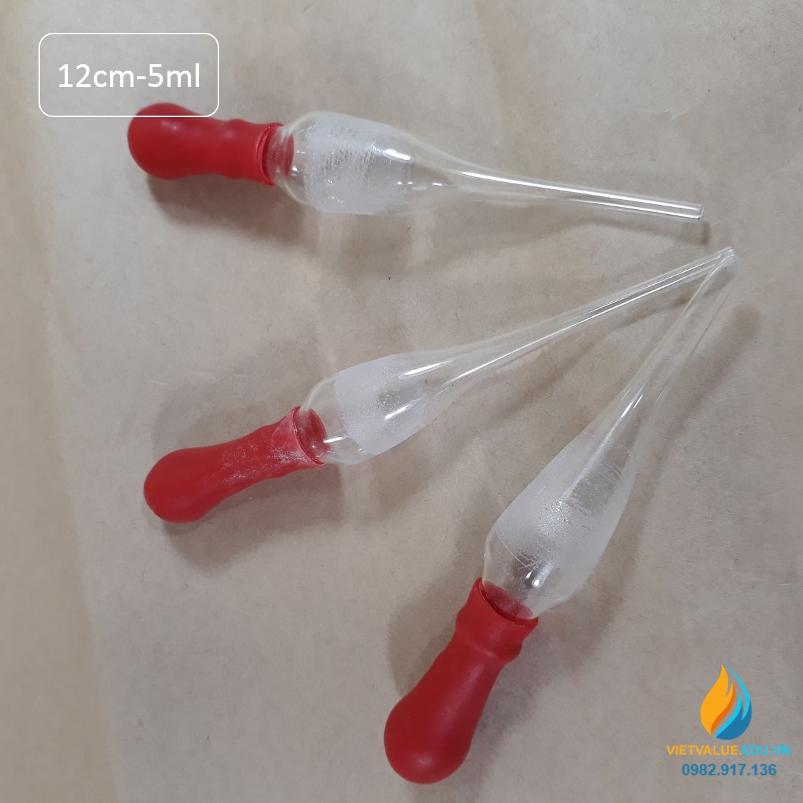 Pipet thủy tinh bầu nhỏ cho chai công tơ hút, núm cao su đỏ, mức hút 3ml