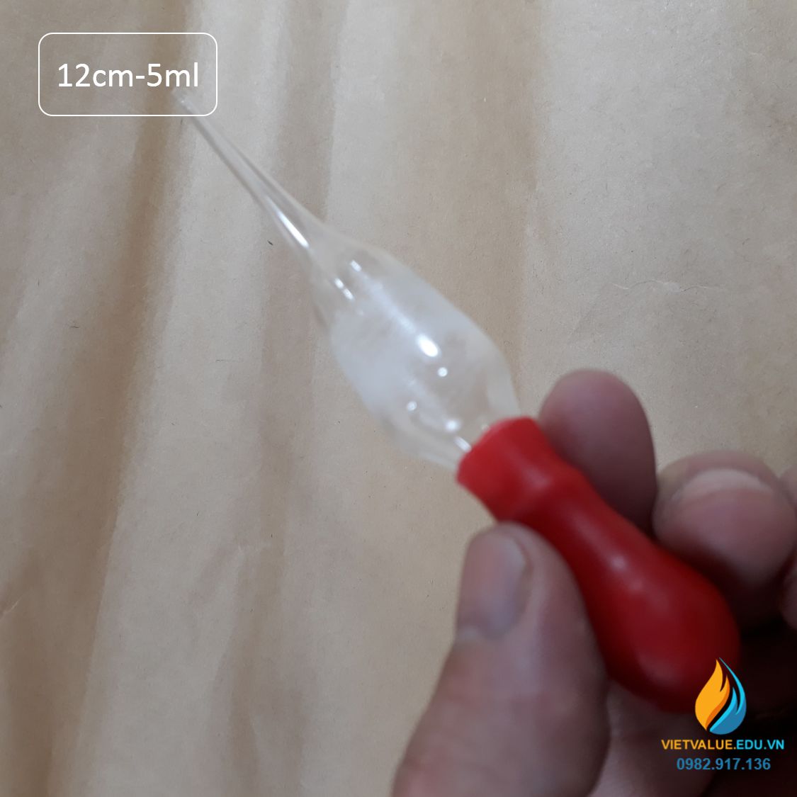 Pipet thủy tinh bầu nhỏ cho chai công tơ hút, núm cao su đỏ, mức hút 3ml