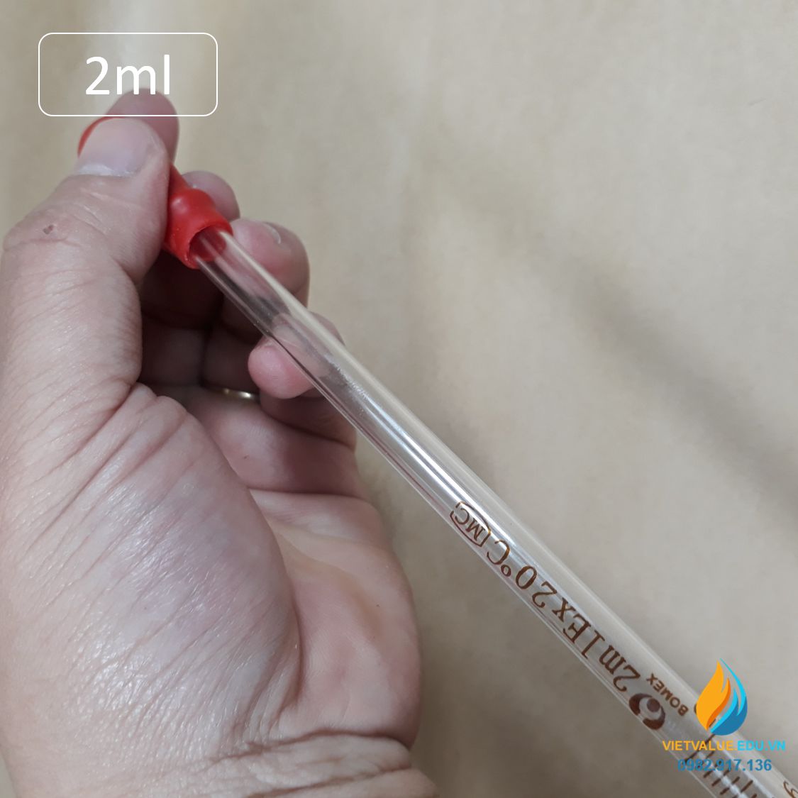 Ống hút thủy tinh vạch chia, bầu cao su đỏ, dung tích hút 2ml, dài 20cm