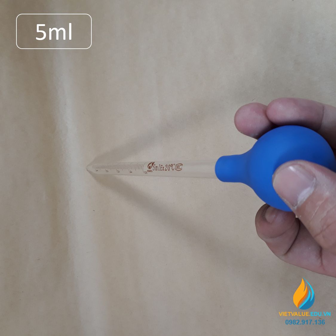 Ống hút thủy tinh vạch chia, bầu cao su đỏ, dung tích hút 5ml, dài 20cm