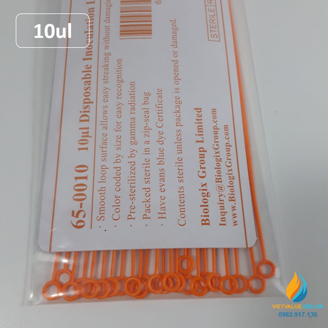 Que cấy vi sinh 10ull, que cấy tiệt trùng hoàn toàn, đóng gói túi 100 que, hãng Biologix Mỹ