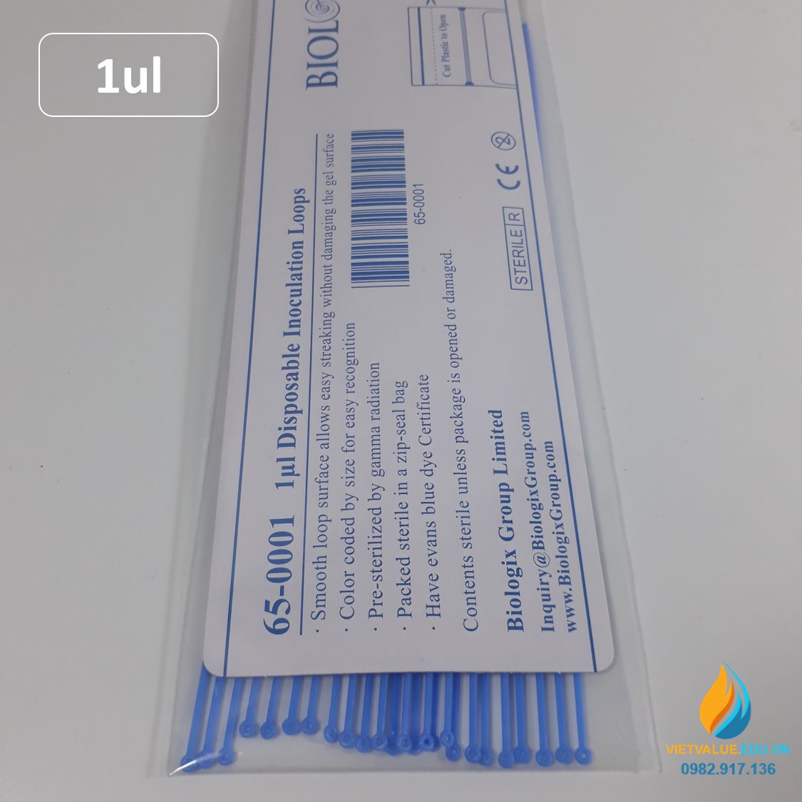 Que cấy vi sinh 1ul, que cấy tiệt trùng hoàn toàn, đóng gói túi 100 que, hãng Biologix Mỹ