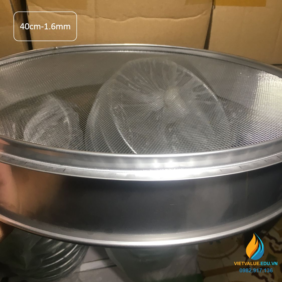 Sàng rây tiêu chuẩn đường kính 40 cm, mắt sàng kích thước 1.6mm, inox không gỉ