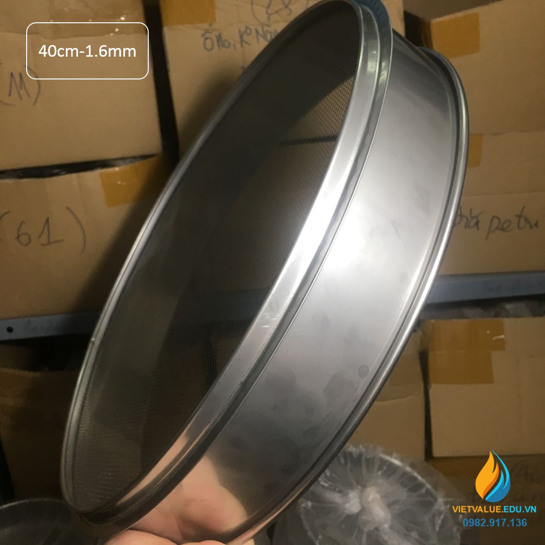 Sàng rây tiêu chuẩn đường kính 40 cm, mắt sàng kích thước 1.6mm, inox không gỉ