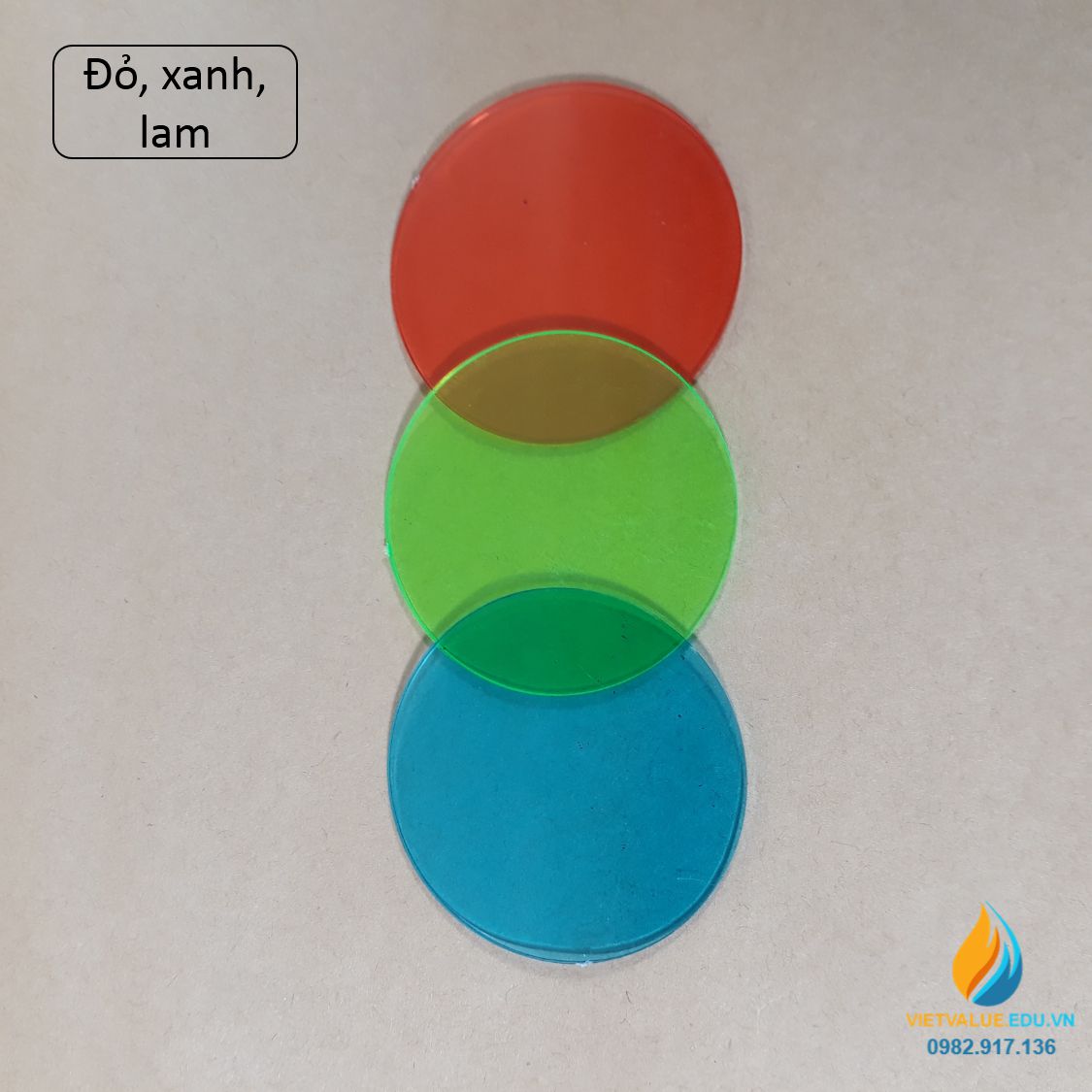 Bộ 3 tấm kính màu cơ bản đỏ, lục, lam thực hành tổng hợp, lọc lựa ánh sáng, đường kính 5cm