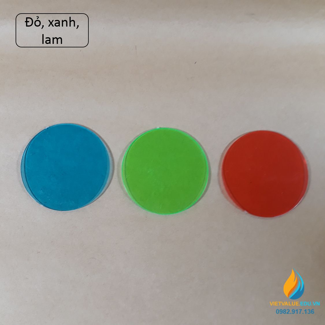 Bộ 3 tấm kính màu cơ bản đỏ, lục, lam thực hành tổng hợp, lọc lựa ánh sáng, đường kính 5cm