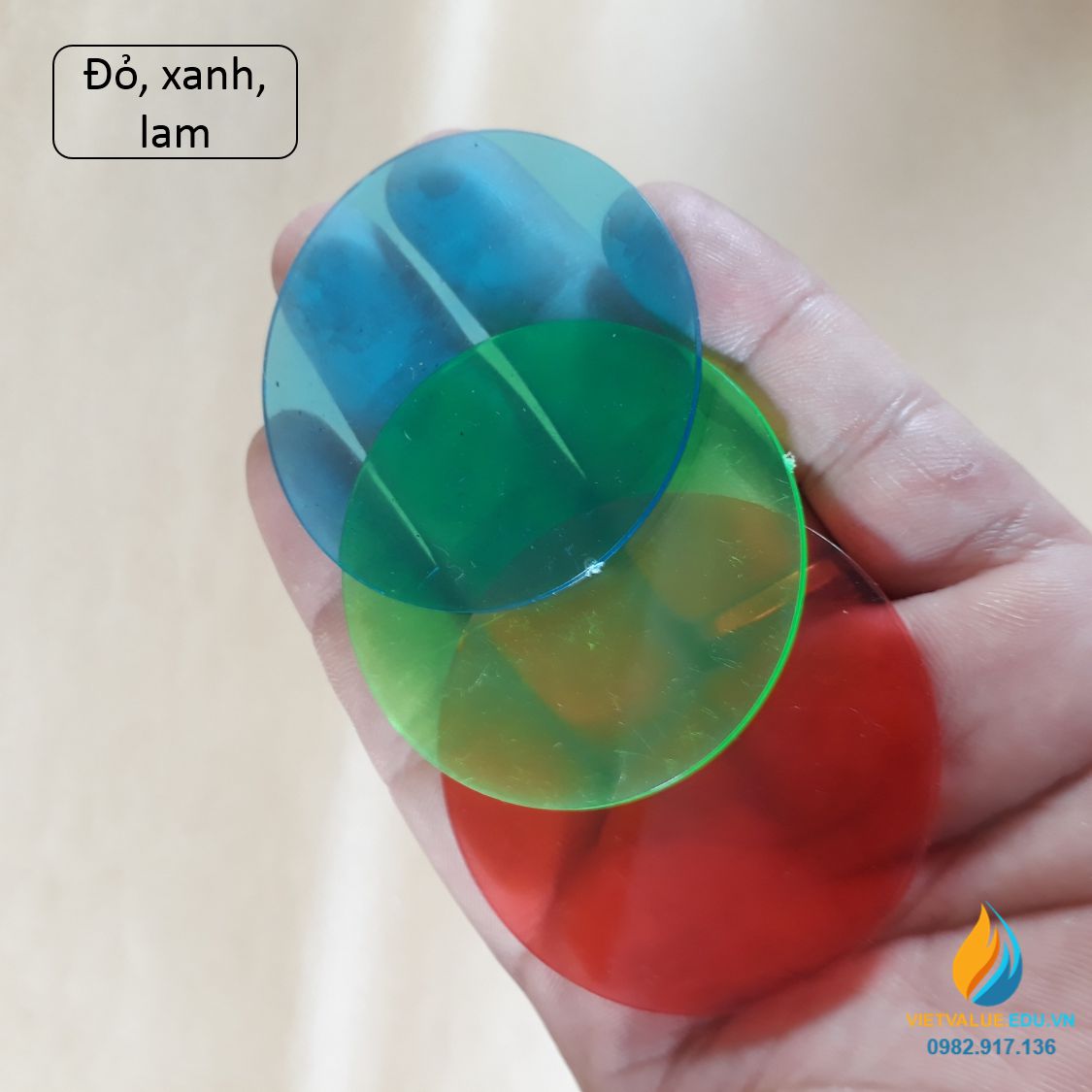 Bộ 3 tấm kính màu cơ bản đỏ, lục, lam thực hành tổng hợp, lọc lựa ánh sáng, đường kính 5cm