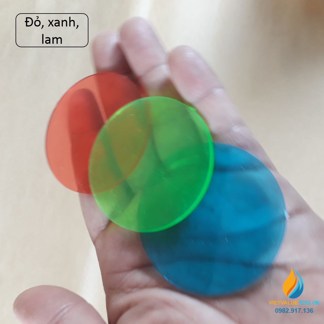 Bộ 3 tấm kính màu cơ bản đỏ, lục, lam thực hành tổng hợp, lọc lựa ánh sáng, đường kính 5cm