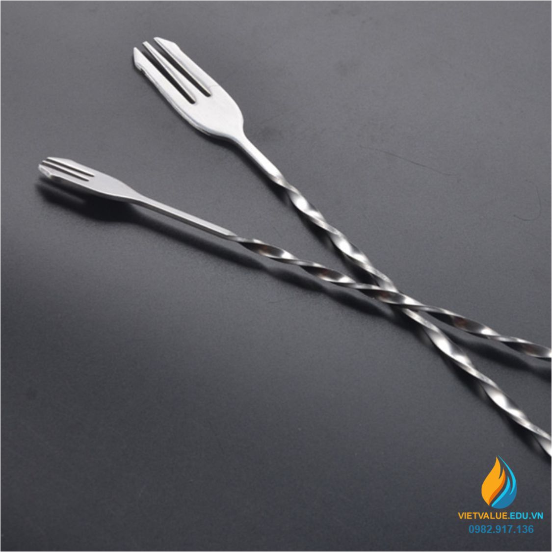 Thìa 2 đầu Inox, một đầu muỗng, một đầu dĩa, thân xoắn pha chế tiện ích, dài 26cm