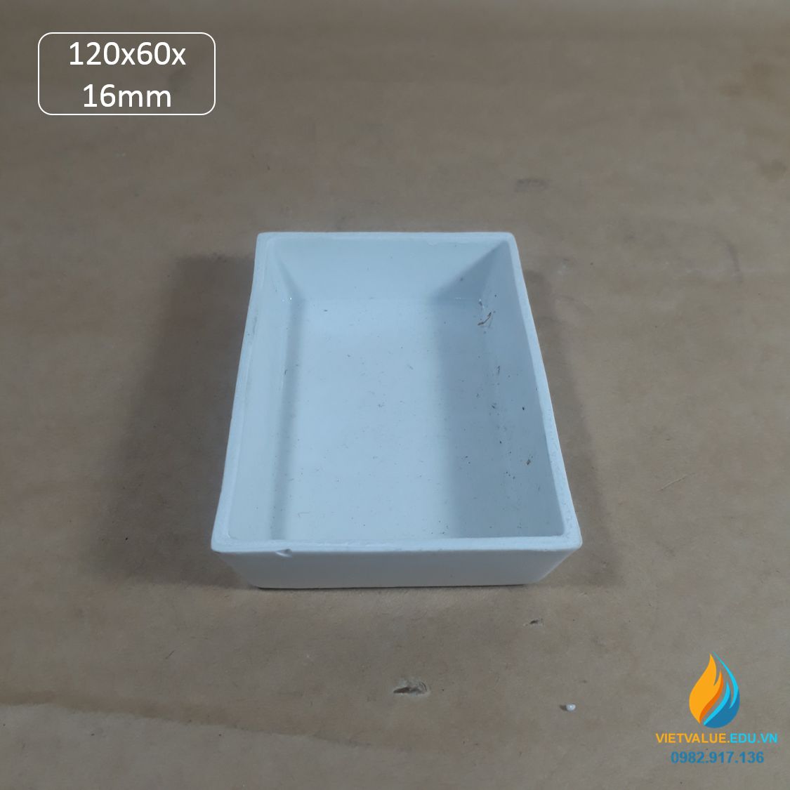 Thuyền sứ vuông, nung mẫu nhiệt độ cao phòng thí nghệm, kích thước dài 120mm, rộng 60mm, cao 16mm