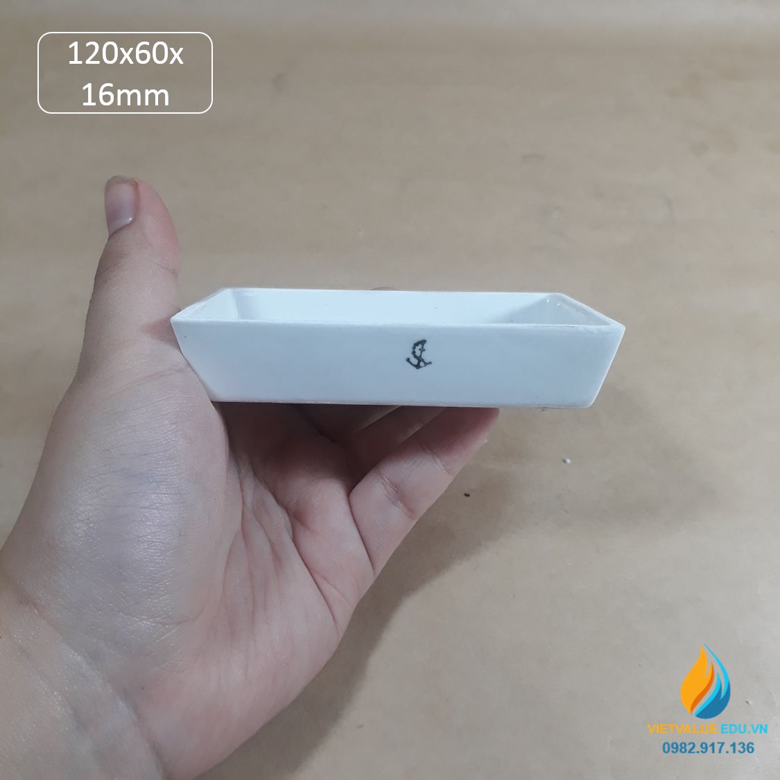 Thuyền sứ vuông, nung mẫu nhiệt độ cao phòng thí nghệm, kích thước dài 120mm, rộng 60mm, cao 16mm
