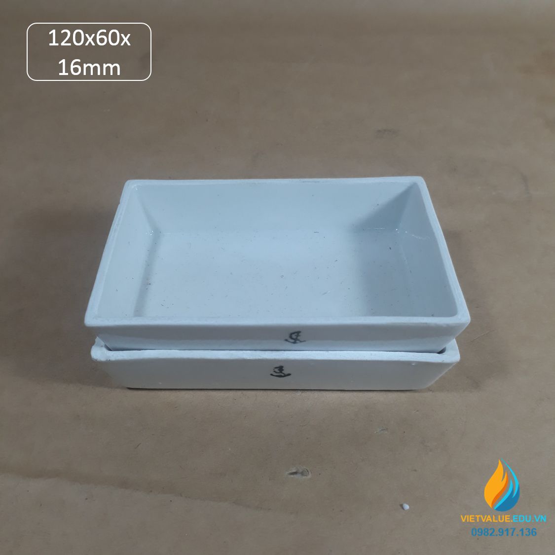 Thuyền sứ vuông, nung mẫu nhiệt độ cao phòng thí nghệm, kích thước dài 120mm, rộng 60mm, cao 16mm