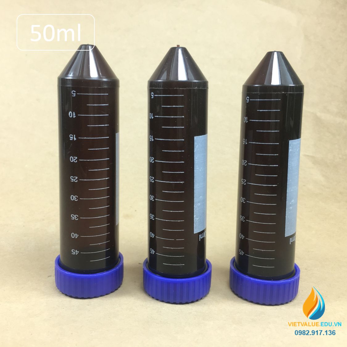 Túi 50 ống ly tâm 50ml, đáy nhọn, vạch chia nắp vặn màu nâu hổ phách