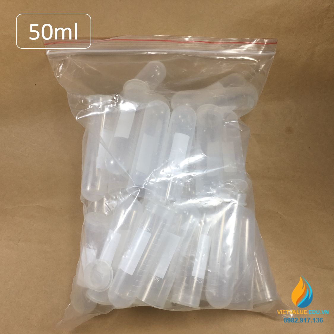 Túi 50 ống ly tâm 50ml, đáy tròn, vạch chia nắp ấn, trong suốt