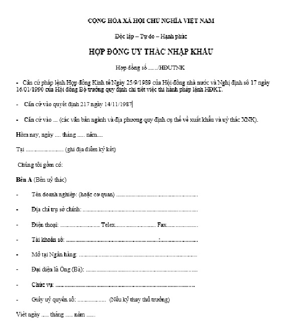 Mẫu hợp đồng ủy thác nhập khẩu mới nhất 2023